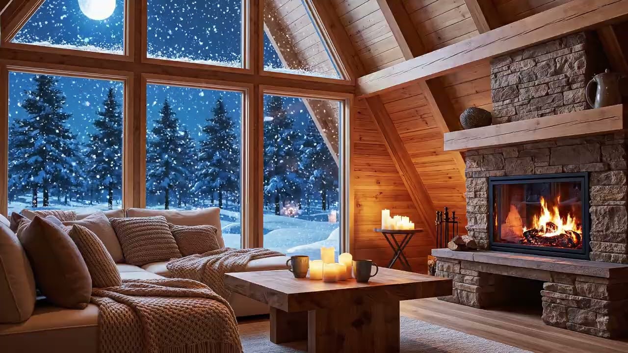 Crackling Logs in a Moonlit Cabin (No Music) | Relax • Sleep • Study | 4K