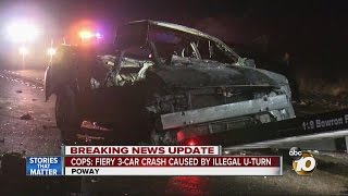 Cops: fiery three-car crash caused by illegal u-turn