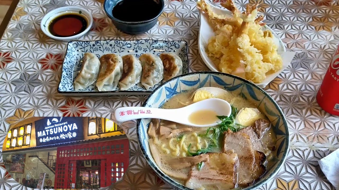 Lunch of Ramen, Shrimp Tempura, and Dumplings at Matsunoya Japanese