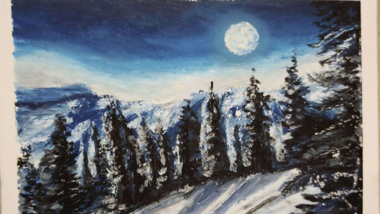 Easy Oil Pastel Drawing: Moonlight Winter Snow Forest 