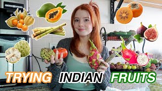 Trying INDIAN FRUITS - British Girl Tasting Fruit from India - CUSTARD APPLE, SUGAR CANE, RAMPHAL