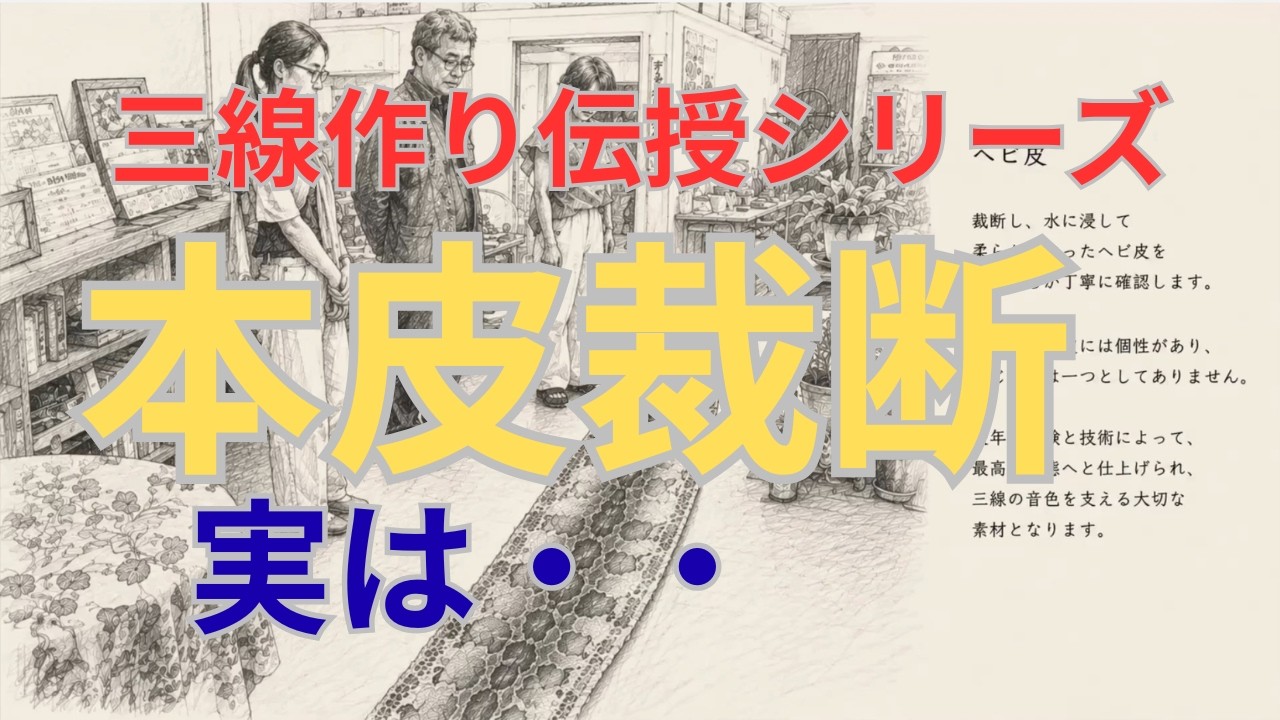 三線作り実は「必見！沖縄三線職人の技～蛇本皮裁断前の肝心な一手