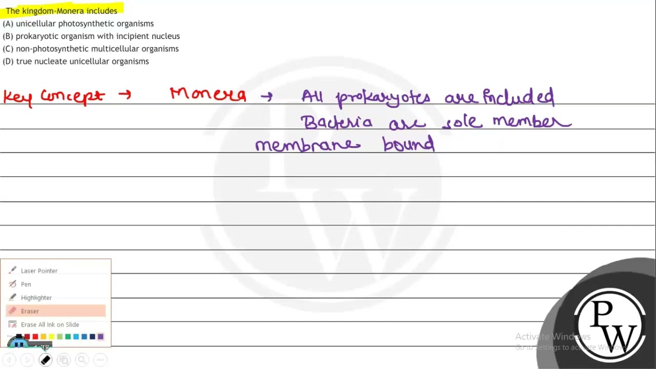 The kingdom-Monera includes, (A) unicellular photosynthetic organisms, (B)  prokaryotic organism wi...