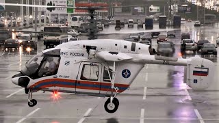 Вертолет Ка-226Т - буксировка и взлет  в дождь после выставки HeliRussia в Крокус-Экспо /HELICOPTER/