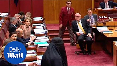 Pauline Hanson wears a burqa into the Australian S...