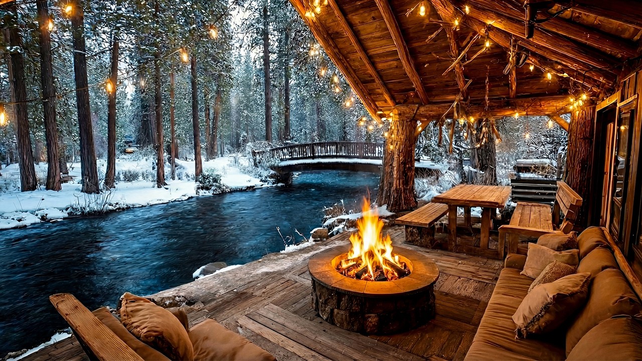 Cozy Riverside Cabin in Winter - Serene Nature Sounds & Warm Fire Pit for Complete Relaxation