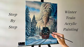 How to PAINT a Winter Train | ACRYLIC PAINTING 🚂