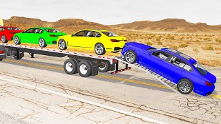 Flatbed Trailer and BMW Cars Transportation with Truck - Pothole vs Car #027 - BeamNG.Drive