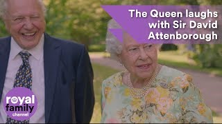 The Queen laughs with Sir David Attenborough about a sundial