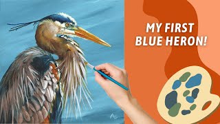 STUNNING Great Blue Heron acrylic painting! Playing with a Flat Angled Brush! ACRYLIC BIRD PAINTING!