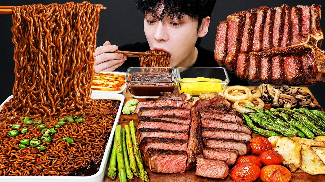 ASMR MUKBANG Стейк ти-бон,острая лапша из черных бобов,жареный гриб,кимчи Корейская еда рецепт! есть