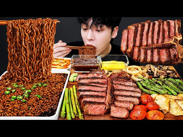 ASMR MUKBANG 직접 만든 매운 고추 짜파게티 티본스테이크 레시피 & 먹방 T-BONE STEAK AND FIRE BLACK BEAN NOODLES EATING SOUND!
