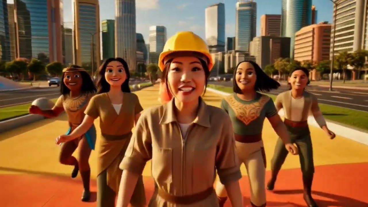 Animated video, cute bear character constructing a stylized