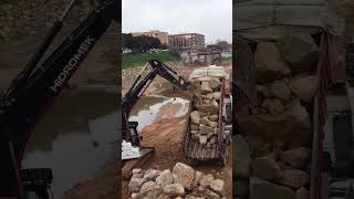 Hidromek 230 Lc Semi Truck Unloading Big Rocks