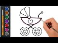 رسم وتلوين عربة اطفال بيبي | Drawing and Coloring Baby Equipment For Children Baby Stroller