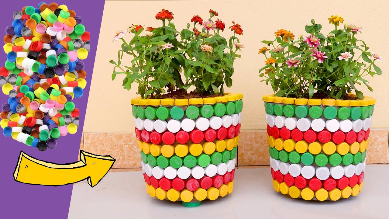 Casting Colorful Flower Pots from Cement and Plastic Bottle Caps - YouTube