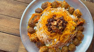 Persian Reshteh Polo (noodle and rice) recipe with spicy meatballs