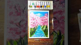 Pink Blossom River Painting 🌸✨ oil painting colour Art .....||#shorts #art #drawing