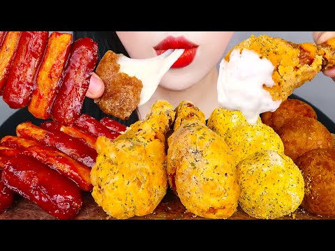 ASMR CHEESE BALLS, FRIED CHICKEN, SAUSAGE TTEOK 뿌링클 먹방 *직접만든 뿌링클 치킨, 소떡소떡, 치즈볼(레시피) EATING MUKBANG