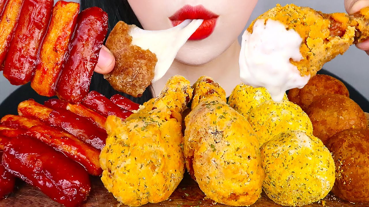 ASMR CHEESE BALLS, FRIED CHICKEN, SAUSAGE TTEOK 뿌링클 먹방 *직접만든 뿌링클 치킨, 소떡소떡, 치즈볼(레시피) EATING MUKBANG