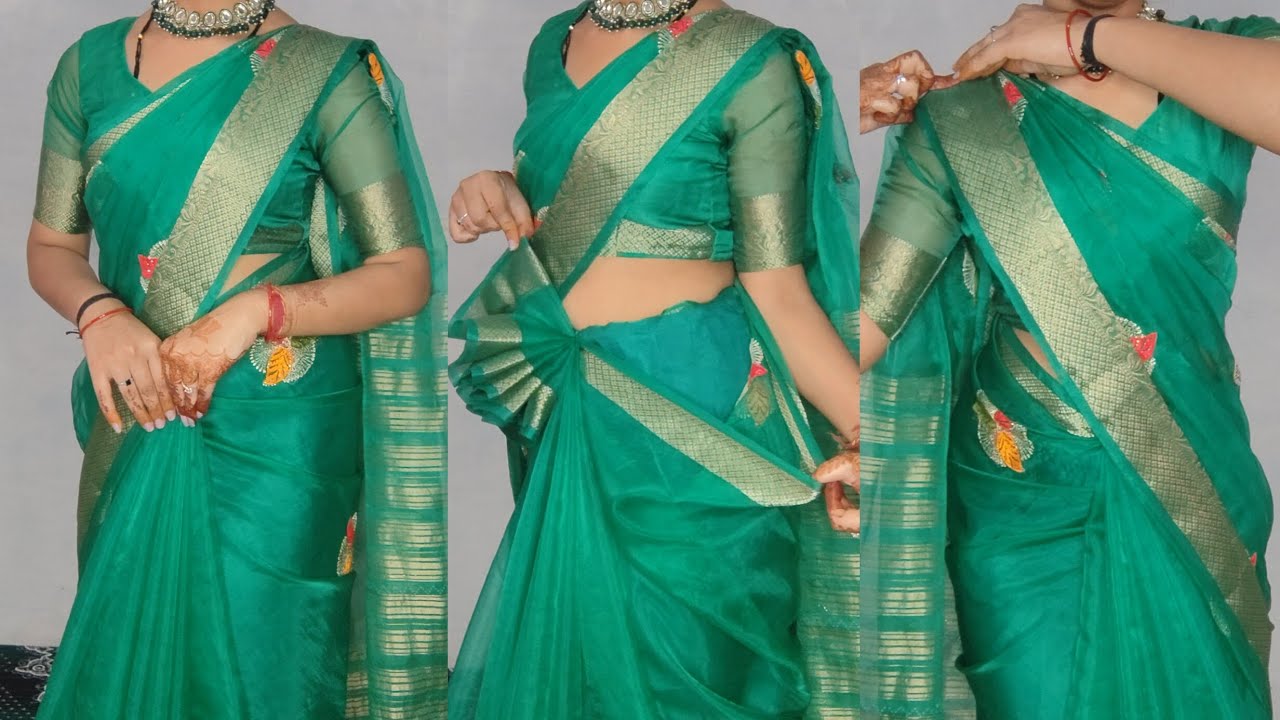 Organza saree draping tutorial for beginners/new bride easily way to perfect side & shoulder pleats 