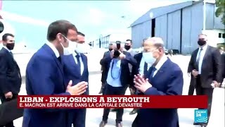 Emmanuel Macron accueilli par Michel Aoun à son arrivée à Beyrouth