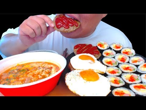반숙올린 떡갈비 + <strong>스팸김밥</strong> + 왕뚜껑 궁합 먹방 입니다. MUKBANG