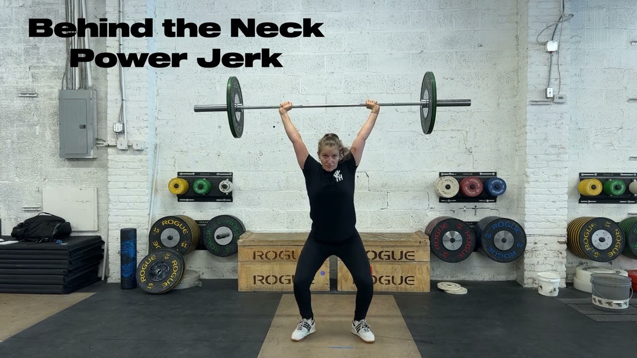 Behind the Neck Power Jerk. Olympic Weightlifting Exercise. Weightlifting Technique.