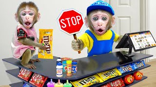 KiKi Monkey has trouble with Naughty Baby when pretend Cashier at the supermarket | KUDO ANIMAL KIKI