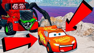 Big & Small: Mcqueen with Spinner Wheels vs Long Monster Truck Tow Mater vs Thomas Trains - BeamNG