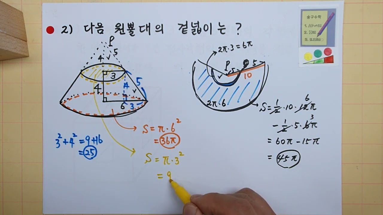 숭구수학40 중1-2 (원뿔의 겉넓이, 원뿔대의 겉넓이) - Youtube