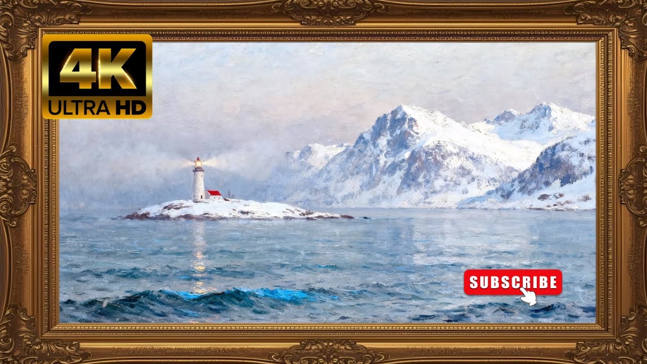 Vintage Frame Oil Painting Lighthouse Tv Art Screensaver / Winter Tv Art 4K / 2Hour Snowing Effect