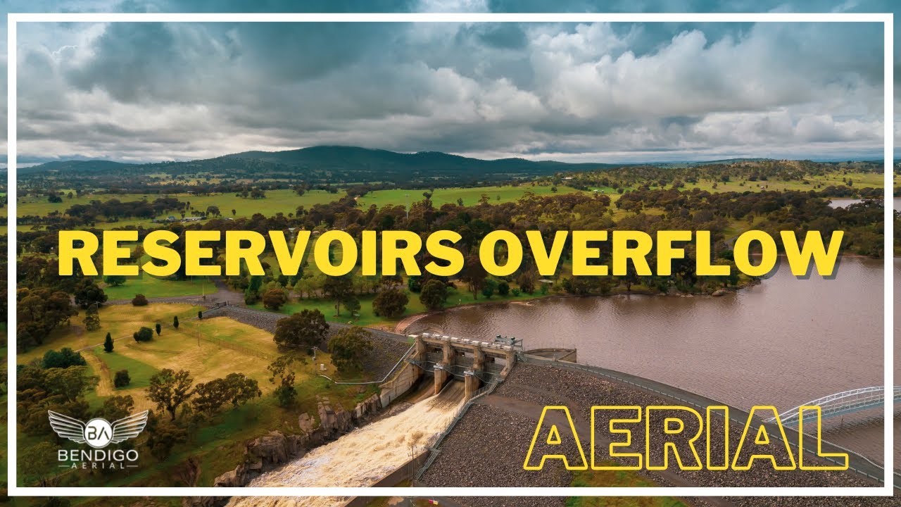 Lake Eppalock Cairn Curran and Malmsbury Spillway overflow after heavy rain. Aerial drone footage.