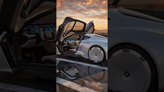 Futuristic flying car parked runway.
