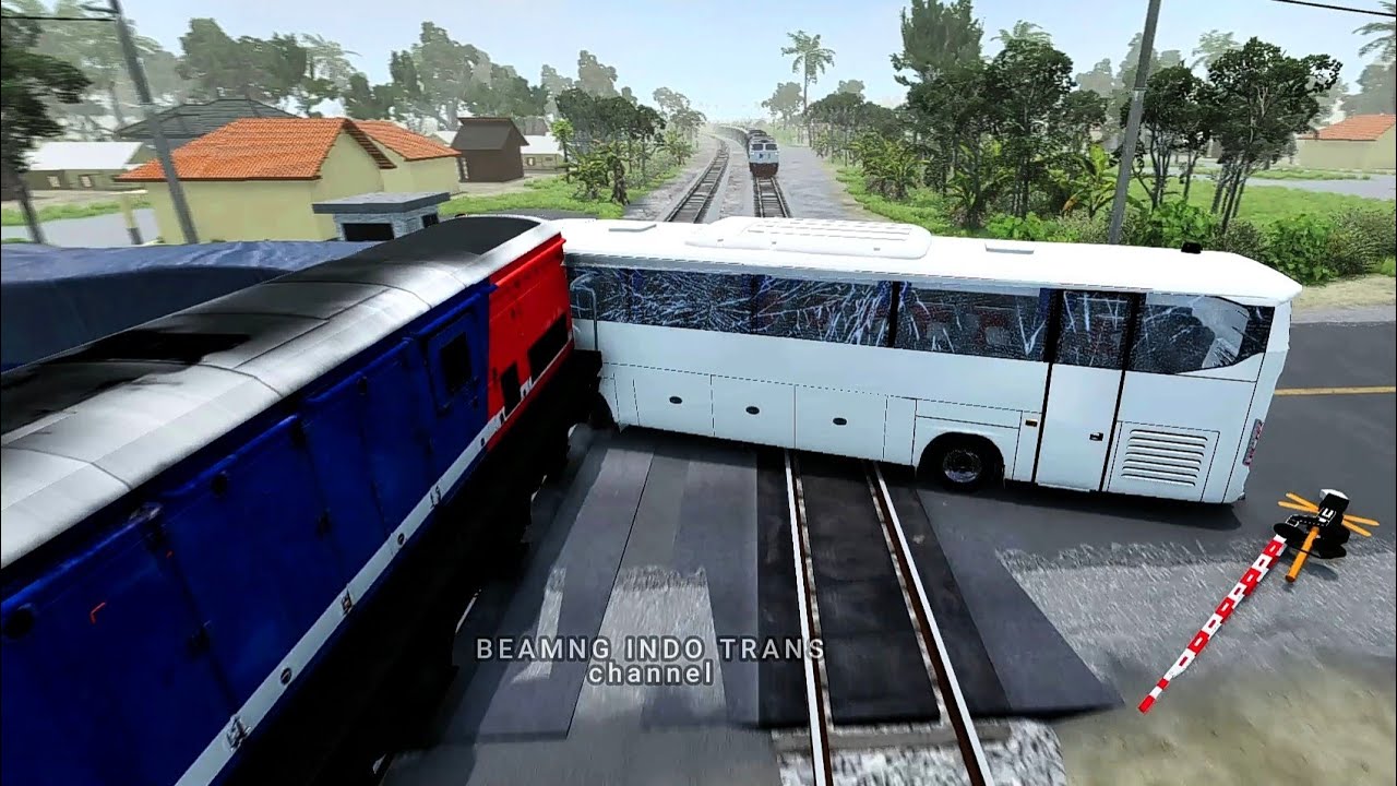 Ilustrasi Fiktif, bule curi bus berakhir tertabrak kereta api, game Beamng drive