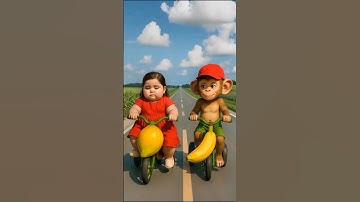 Cute baby and monkey are racing bicycle 😢 #ai #cute #baby #monkey #racing #bike #shorts