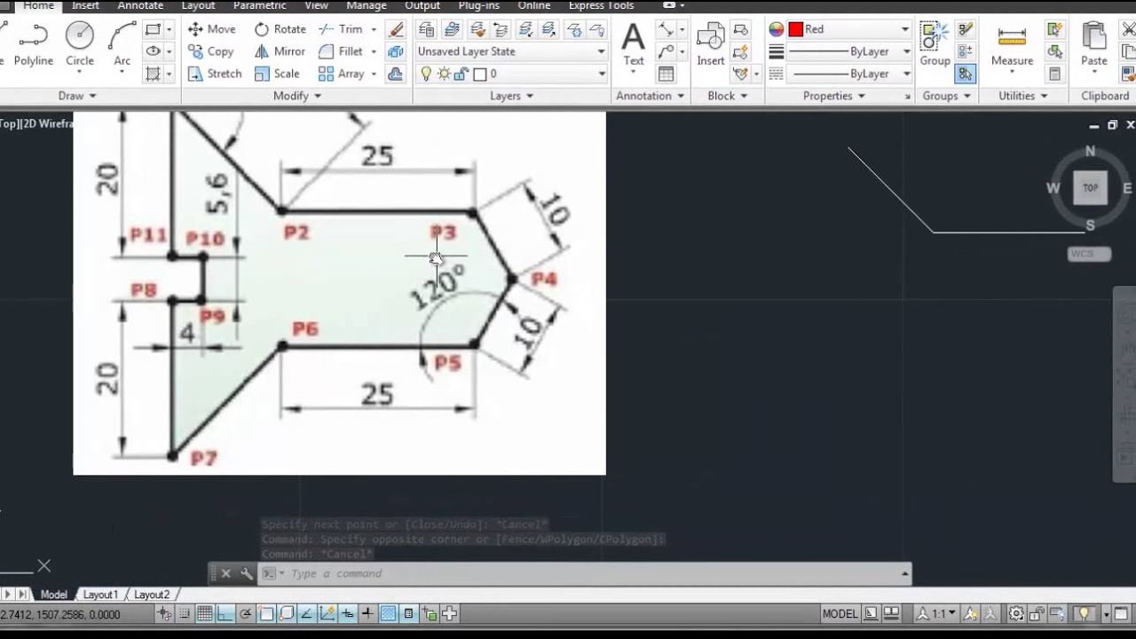 AutoCAD Aula 3 Exercício de Coordenadas Polares linhas em ângulos