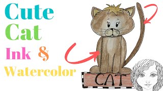 Animal Ink Drawing Cute Cat Watercolor Pencil Tutorial