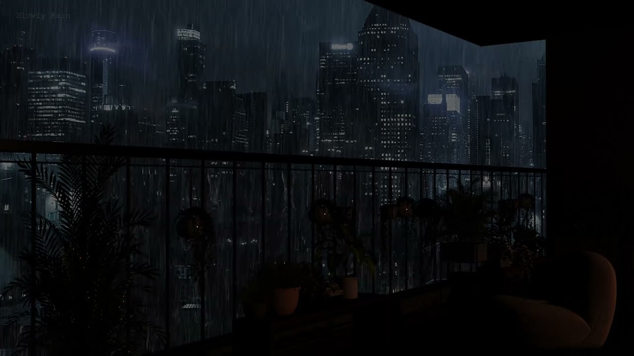 Cozy Balcony Rain in New York  Night Heavy Rain Sounds and Distance Thunder for Sleep Calm Study