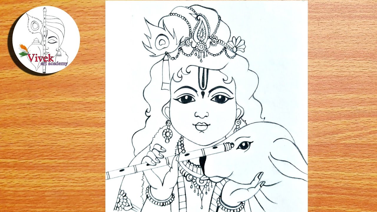 How to Draw Shree Krishna with Cow | Easy Drawing of Lord Krishna ...
