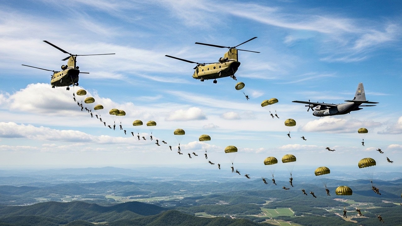 Элитные американские и южнокорейские десантники совершают прыжки с парашютом с вертолетов CH-47 Chin