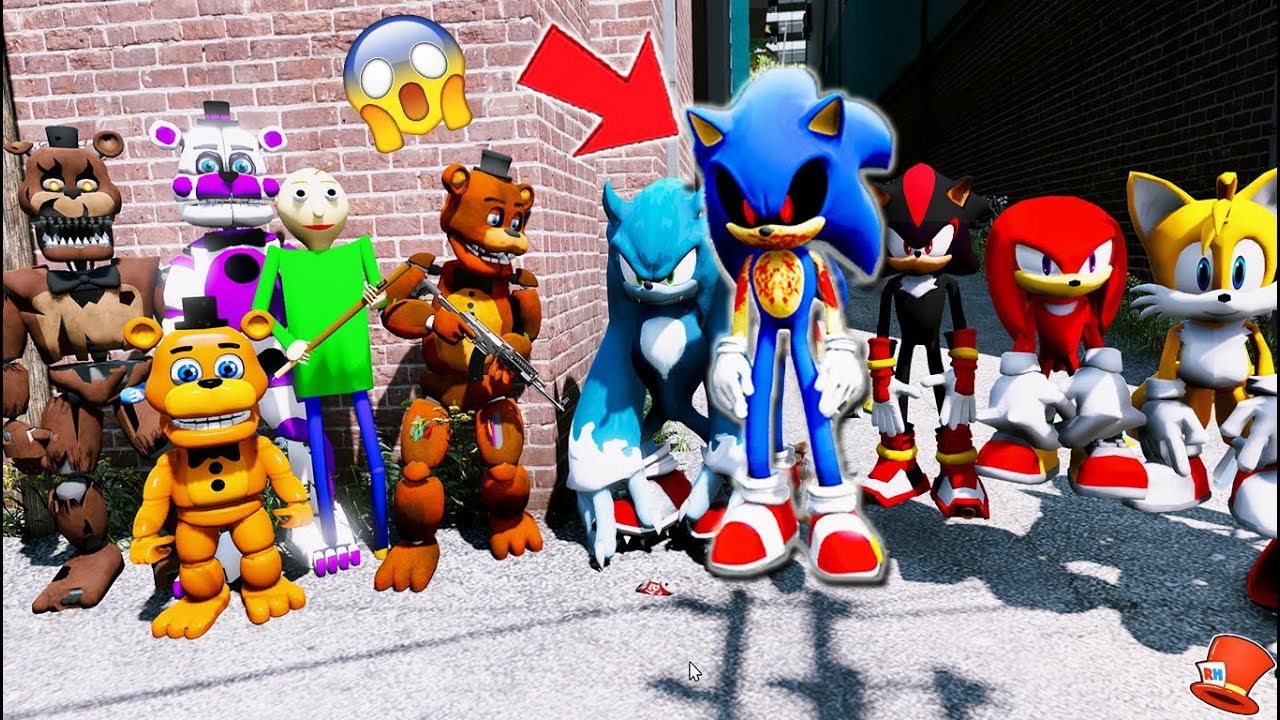 Can Freddy Baldi Animatronics Beat Evil Sonic Exe All Sonic Characters Army Gta 5 Mods Fnaf Youtube - fnaf exe roblox
