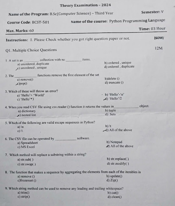 Python Programming Language BSC.CS 3rd YR Question Paper @CS_Spot - YouTube