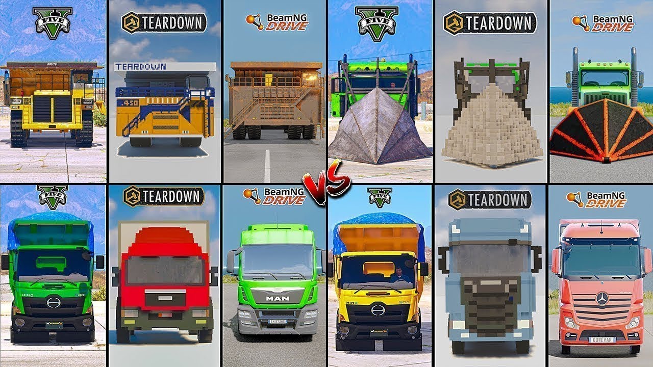 GIANT DUMP VS ACTROS VS HINO VS MAN EURO TRUCK IN GTA 5 VS TEARDOWN VS BEAMNG -WHICH IS BEST ?