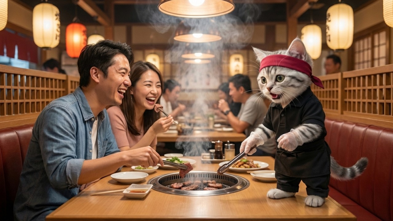 いらっしゃいませ!!焼肉ビュッフェの看板店員!!ねこの一日に密着🐱🍖