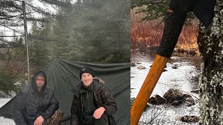 Blue Meets Wild - Hot Tent Camping in Heavy Rain & Snow - A Wet Wild Adventure and a T-bone Steak