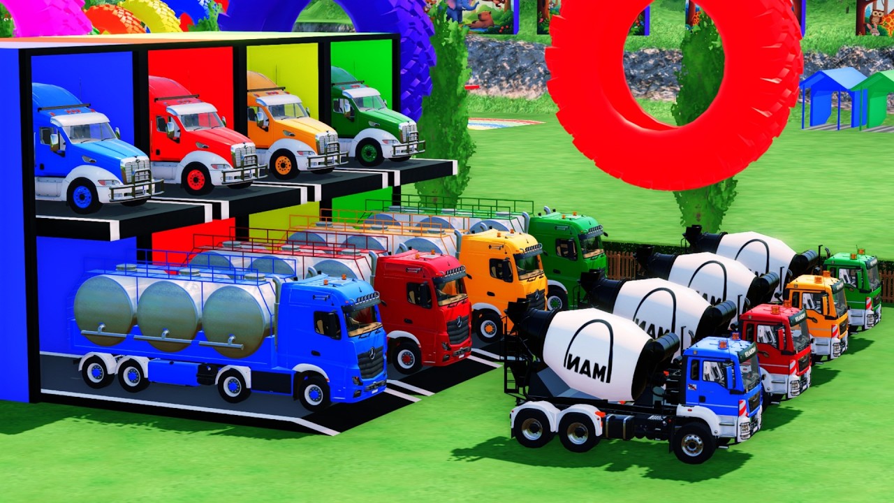 Красочные огромные грузовики — перевозят полицейские машины и бетоносмеситель с платформенным при...