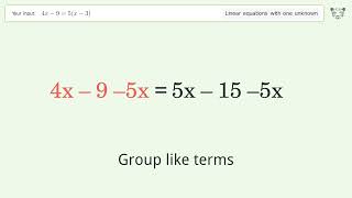 Linear equation with one unknown: Solve 4x-9=5(x-3) step-by-step solution