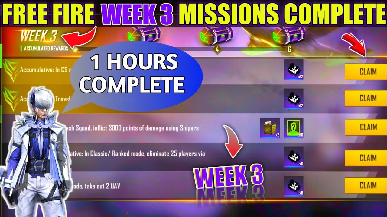 Free fire week 3 mission | free fire mission | free fire elite pass mission |week 3|mission complete