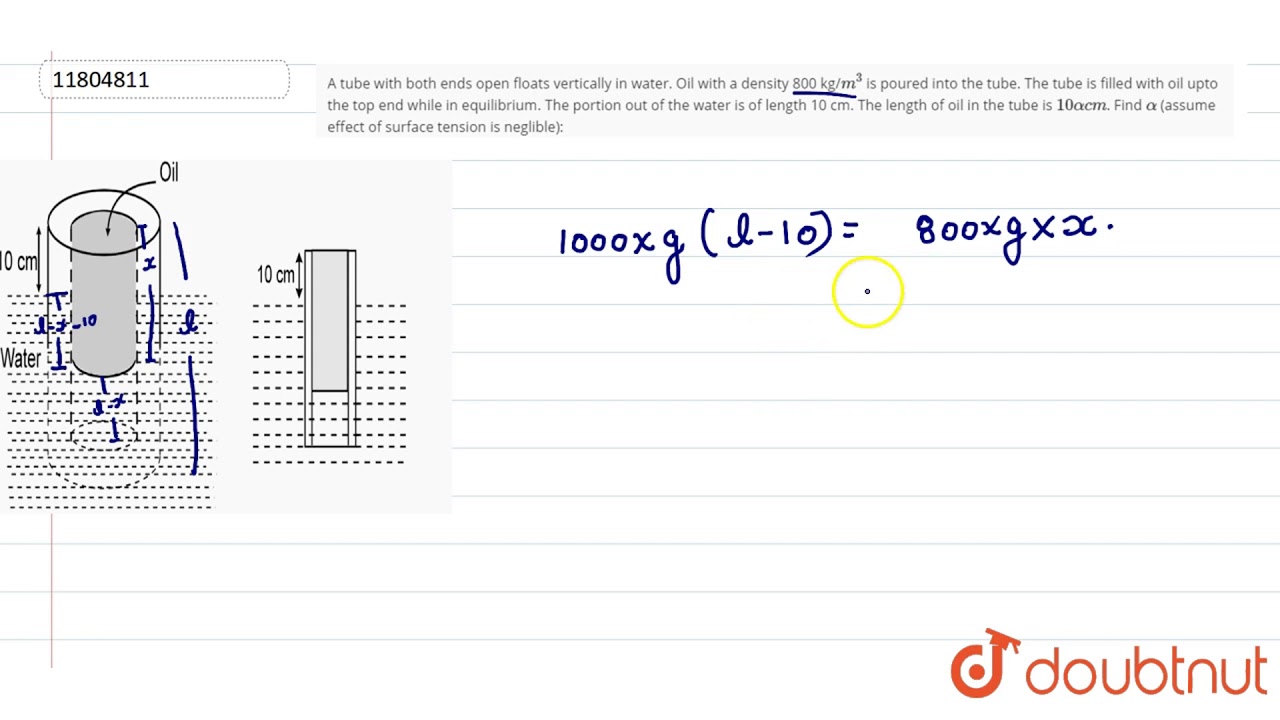 A tube with both ends open floats vertically in water. Oil with a density 800 kg/`m^3` is poured